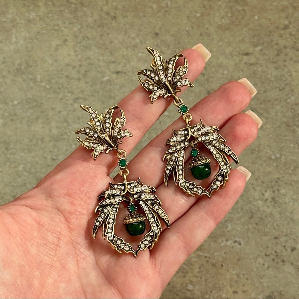 💖4/$30 Elegant Gold and Green Leaf Drop Earrings - Picture 4 of 6